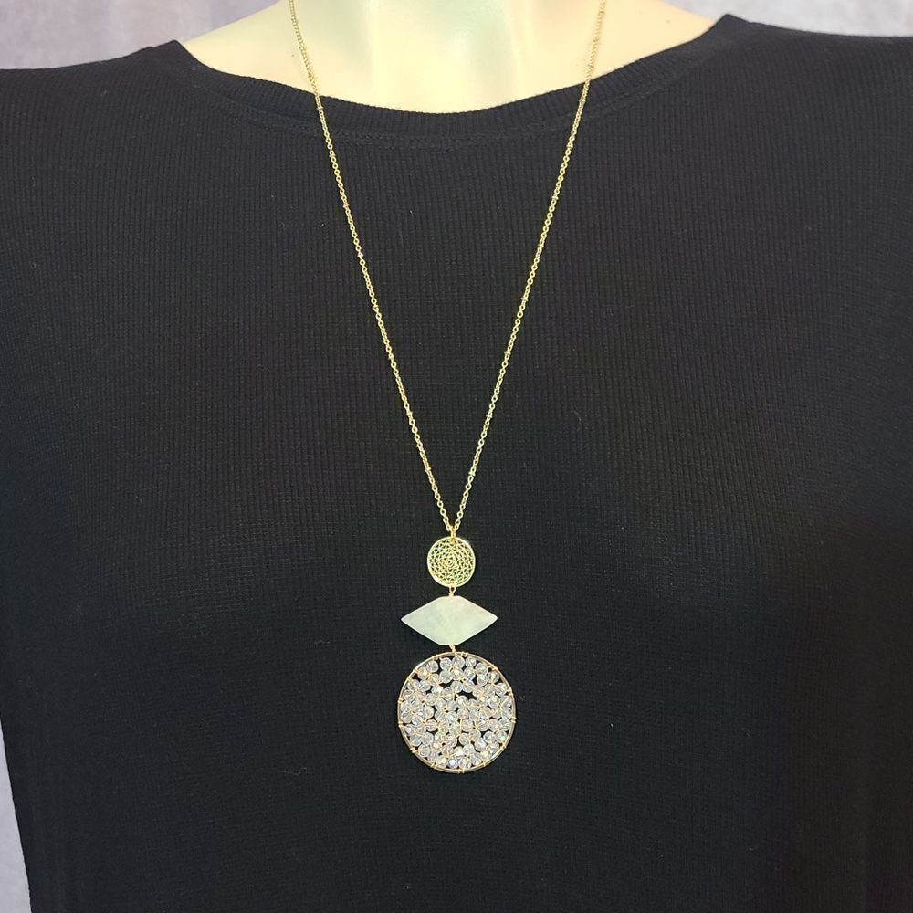 PANACEA Stone & Crystal Beaded Triple Pendant Necklace‎ In Gold